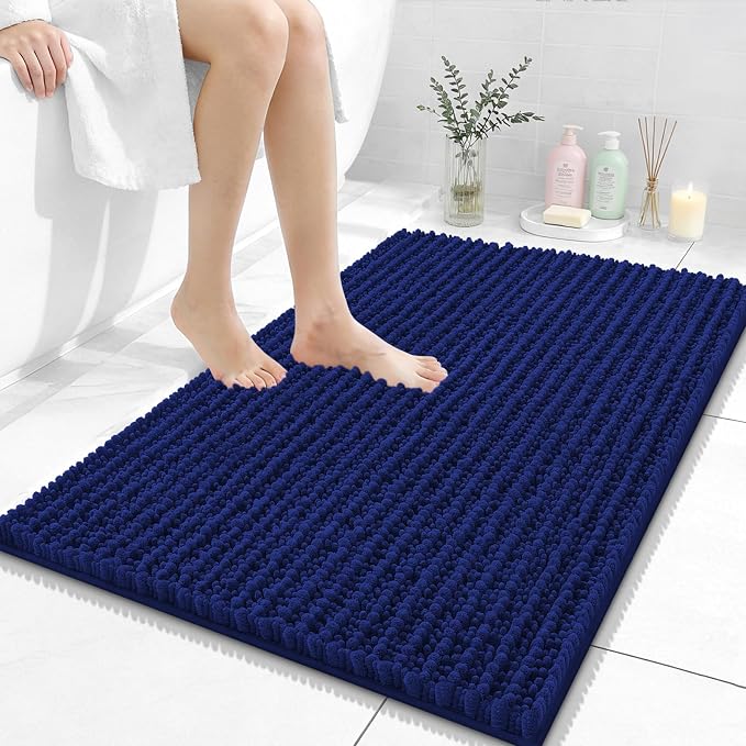OLANLY Bathroom Rug Mat 36x24, Thick Soft and Absorbent Chenille Bath Mat, Non-Slip Rubber Backing, Machine Washable Quick Dry Bath Rugs for Tub Shower Floor, Home Decor Accessories, Navy Blue