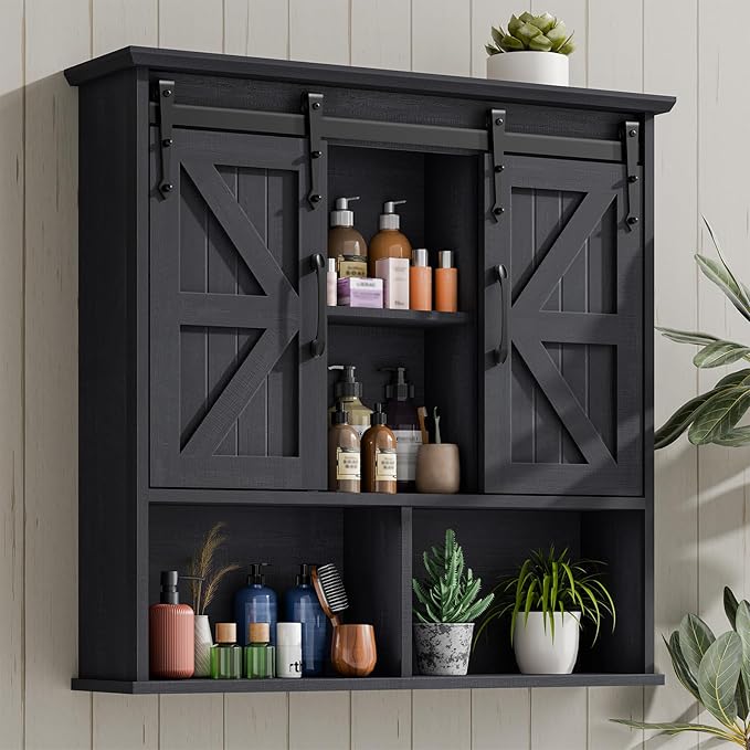 Vabches Bathroom Wall Cabinet, Farmhouse Medicine Cabinet with Double Sliding Barn Door and Adjustable Shelves, Wooden Vintage Storage Cabinet Wall Mounted for Bathroom, Kitchen Dining, Black