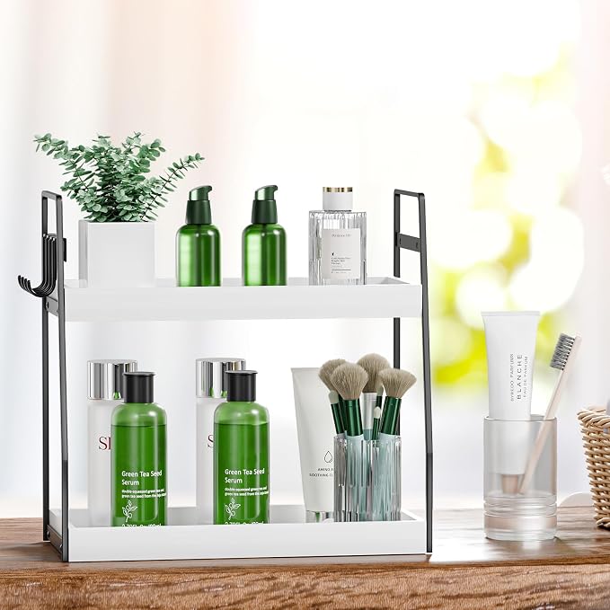 VITVITI 2-Tier Bathroom Organizer Countertop, Wood Bathroom Counter Organizer and Storage, Bathrom Corner Sink Vanity Skincare Organizer Shelf with Hooks, White