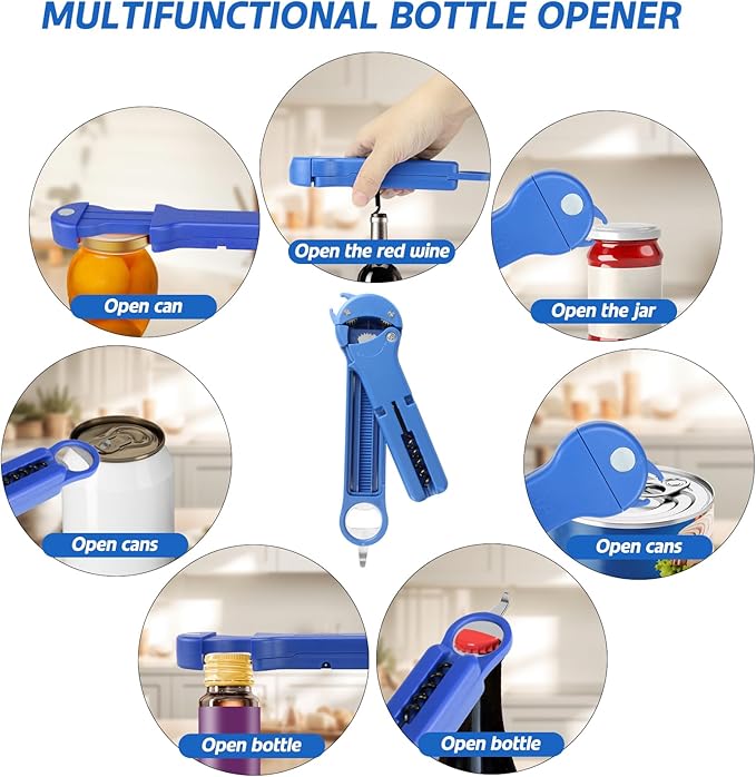 Jar Opener for Seniors with Arthritis, 7 in 1 Bottle Opener and Wine Corkscrew, Easy Grip Kitchen Gadget for Weak Hands Elderly, Retractable Jaw Lid Opener with Magnetic Storage (Blue)