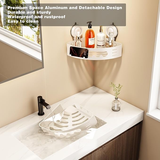 Voldra Corner Shower Caddy Suction Cup, Aluminum Corner Shower Shelves for Wall No Drilling, Large Suction Cup Shower Organizer with Towel Bar & Hooks Removable Bathroom Storage (1 Pack-Cream White)