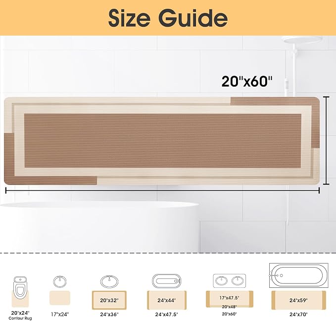 ACCUMTEK Non Slip Bath Mat, Thin Bathroom Rugs Fit Under Door, Quick Dry Bath Mats, Machine Washable Bath Rugs for Bathroom, Bathtub & Kitchen, Bathtub, Light Brown/Bordered/59 x20