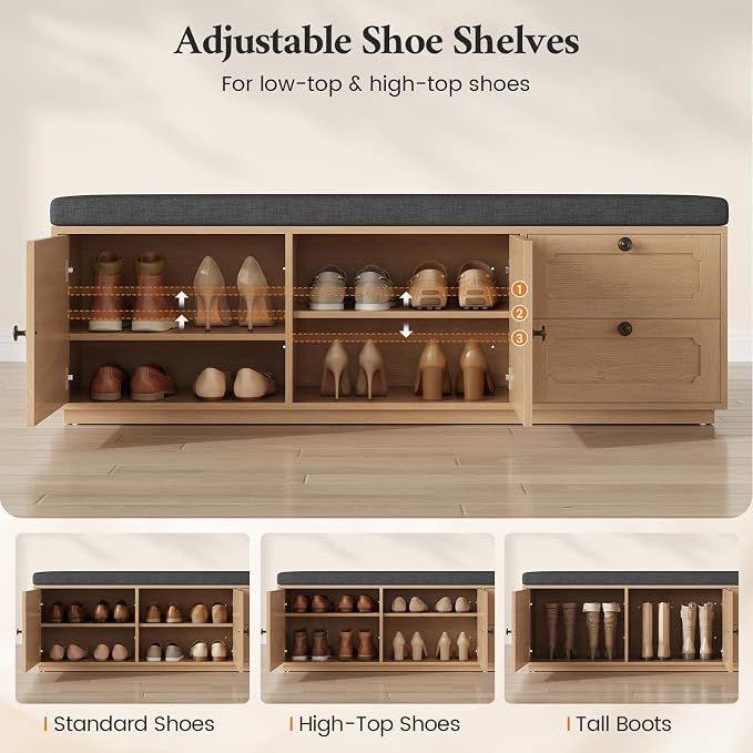 59" Storage Bench with Drawer, 2-Tier Shoe Bench with Doors, Long Entryway Bench, Thickened Cushion, Adjustable Shelf, Recessed Design for Entryway, Bedroom, Living Room, Natural