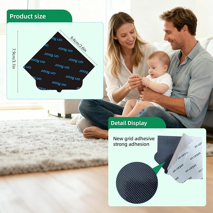 24 PCS Double Sided Carpet Rug Tape for Hardwood & Tile Floors, No Residue | Non Slip Rug Pads Stickers for Area Rugs, Fits Hardwood Tile Laminate Floors, Double Sided Adhesive, No Residue No Damage