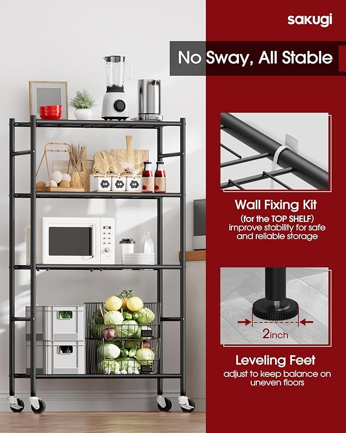 Sakugi Storage Shelves Organizer - 4 Tier Metal Shelf Organizer with Metal Wheels and Adjustable Leveling Feet, Heavy Duty Garage Shelving for Kitchen, Pantry and Closet, 33.1"x12.6"x58.9", Black