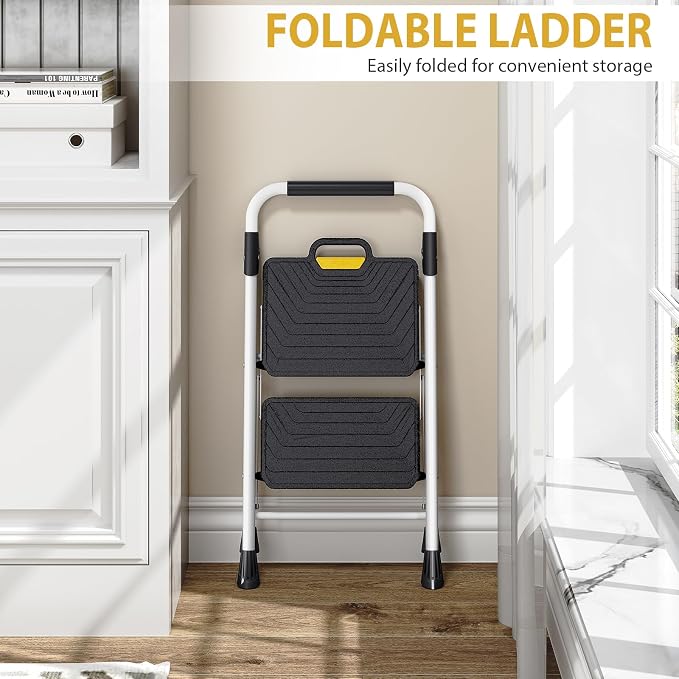 KINGRACK 2 Step Ladder, Folding Step Stool with Comfortable Handrail, Wide Anti-Slip Pedals & Safe-Lock Design, 800lbs Load Capacity, Sturdy Steel Portable Ladder, Perfect for Home and Kitchen, White