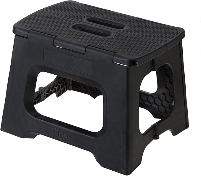 Vigar Compact Folding Step Stool - 9 Inch Foldable Step Stool for Adults, Lightweight Portable Stool with Handle, Non Slip Step Stool, Space Saving Stool up to 330 lb - Black