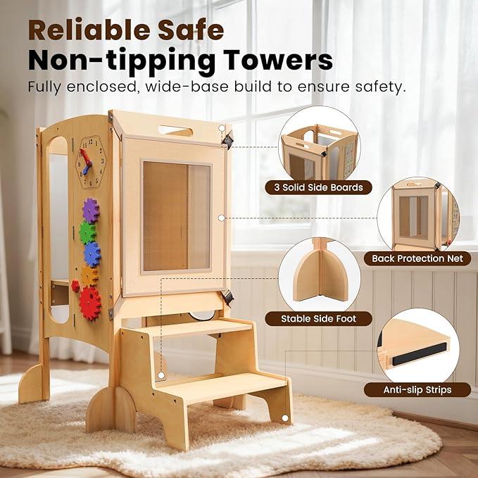 JUZBOT Toddler Tower- Foldable Wooden Kitchen Stool Helper with Safety Net, Anti-Tip Base, Detachable Step, Chalkboard & Whiteboard, 150lb Capacity, Montessori Gift for Kids 18M-5Y