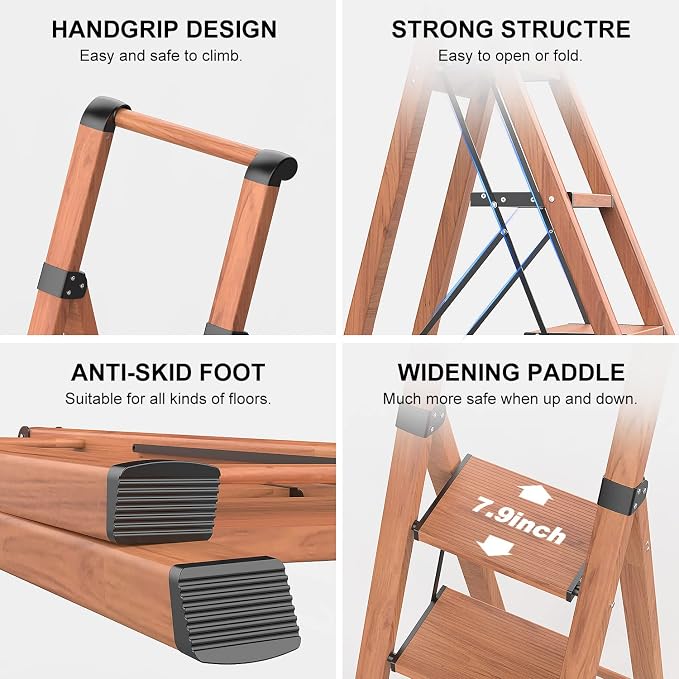 Folding Step Ladder, 4 Step Ladder with Anti-Slip and Wide Pedal, Lightweight Aluminum Step Stool with Handgrip, Space Saving Stepladder for Home and Kitchen, 300 lbs Capacity (Woodgrin