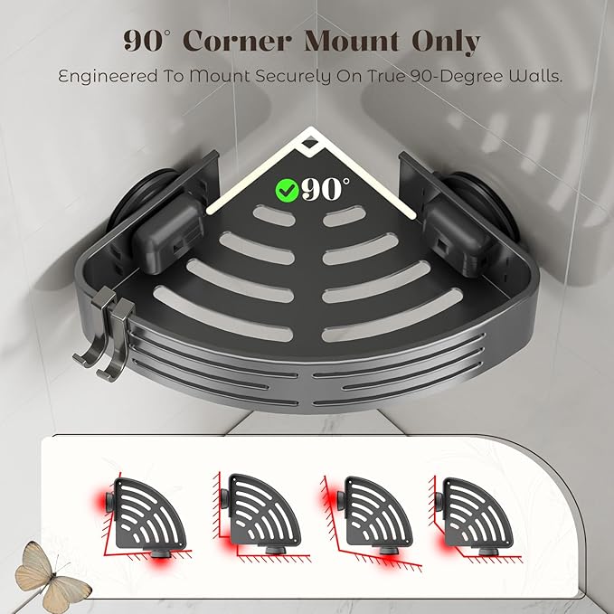 Corner Shower Caddy Suction Cup,Shower Shelves with Hooks,No Drilling Powerful Suction Bathroom Organizers and Storage,Removable Waterproof Rustproof Shower Bathroom Accessories Decor(Grey 1Pack)