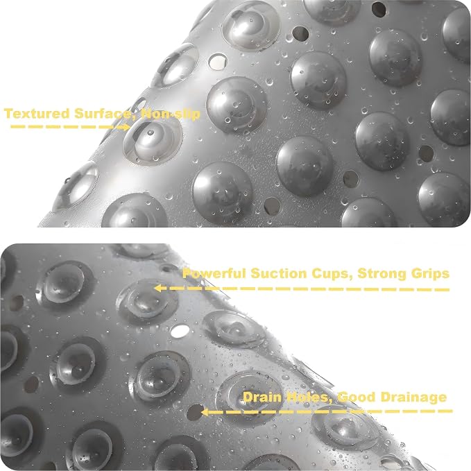 Anti Slip Bathtub Mat,Non Slip Bath Mat,16x35 Inch Extra Long Tub Mat,Machine Washable Bathroom Shower Mat with Suction Cups and Drainage Holes,Soft on Feet (Grey)