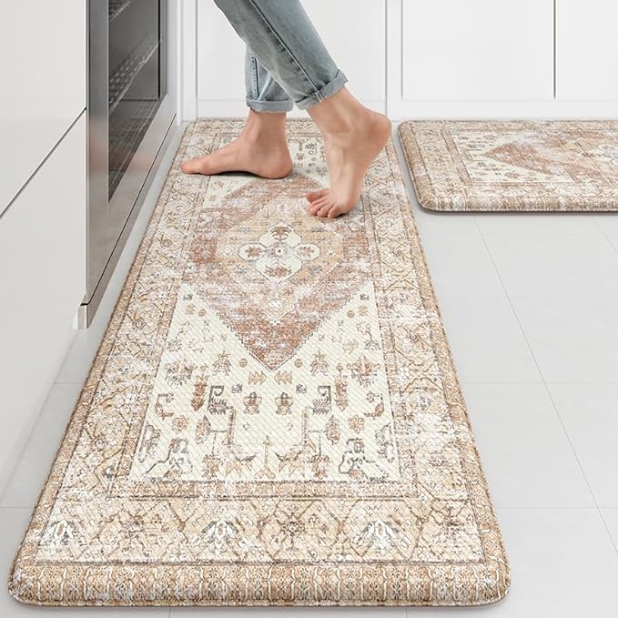 KIMODE Farmhouse Kitchen Mats Cushioned Anti Fatigue Khaki Kitchen Rugs Sets of 2, Non Slip Waterproof Kitchen Floor Mats, Ergonomic MemoryFoam Standing Mat for Laundry Room Decor, Office, Sink, Desk