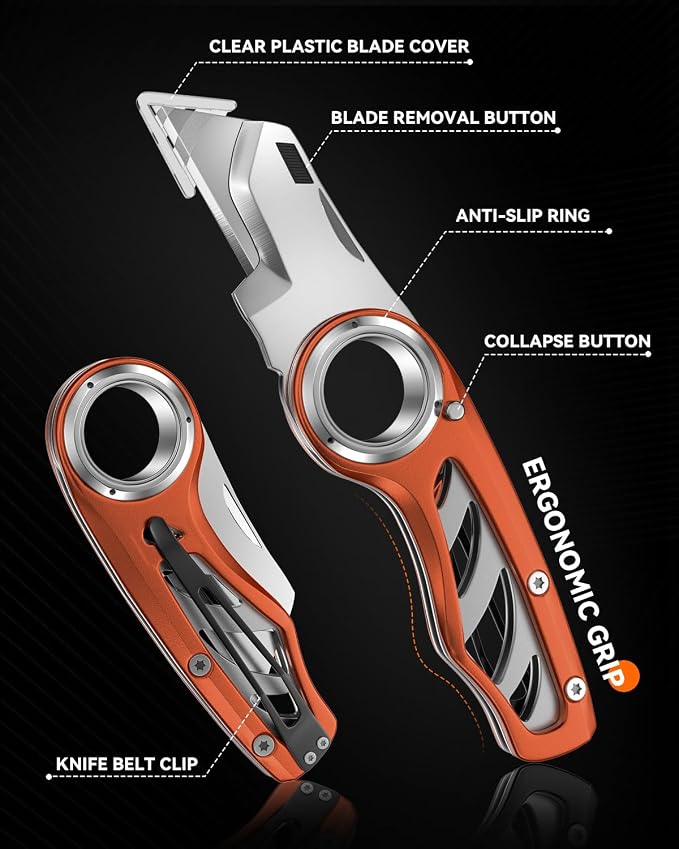 Folding Utility Knife Pocket Knife, Heavy-Duty Box Cutter with Anti Slip Finger Loop, Quick Change Blade Razor Knife, Box Cutters for Home, Office, Warehouse, Durable Razor Knife, Box Knife (Brown)