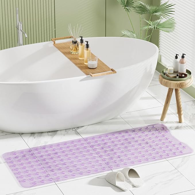 AmazerBath Shower Mat Non Slip 40 x 16 Inches, Shower Stall Mats with Suction Cups and Drain Holes, Non Slip Bath Mat for Tub for Elderly & Kids, Clear Purple
