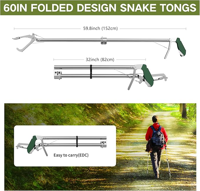 60" Snake Tongs Collapsible Grabber, Professional Reptile Snake Catcher Wide Jaw Handling Tool, Stainless Steel Snake Hook