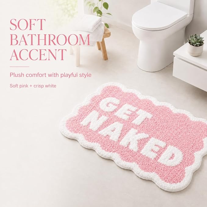 Scalloped Pink Bath Rug, Get Naked Cute Bathroom Rug, Soft Absorbent Quick Dry Bath Mat, TPR Non Slip Backing, Microfiber Mat for Shower Tub Sink Vanity 20" x 31.5"