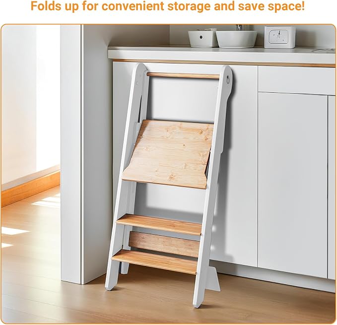 COSYLAND Foldable Toddler Standing Tower - Adjustable Height Folding Step Stool Kids Toddler Kitchen Stool for Learning and Cooking - Ages 18 Months to 6 Years with Safety Net Natural & White