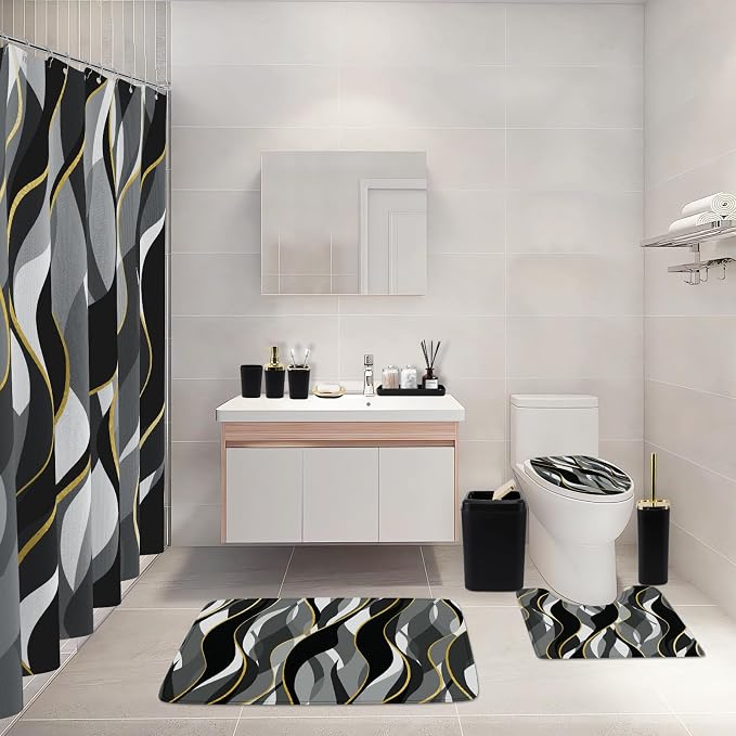 XLHOMO Bathroom Set - Black and Gold Bathroom Accessories, Bathroom Sets with Shower Curtain and Rugs, Black Shower Curtain Set with Bathroom Trash Can, Soap Dispenser, Soap Dish for Home Decor