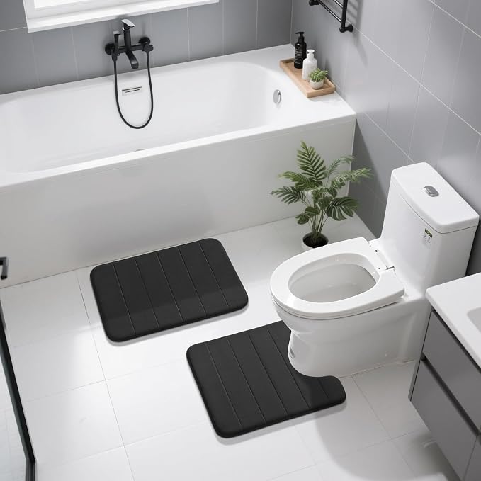 Yimobra U-Shaped Toilet Bath Mat Set 2 Piece - Super Soft Absorbent Quick Dry Memory Foam Bathroom Rugs, Machine Washable Non Slip Floor Carpet for Tub Shower & Single Sink (17x24 & 24x20, Black)