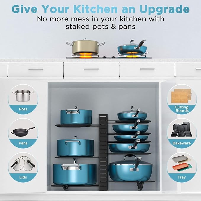 ORDORA Pots and Pans Organizer for Cabinet 16.61 Height, 8 Tier Pot Organizers Rack with 3 DIY Methods, Adjustable Pan Organizer under Cabinet Kitchen Organization and Storage