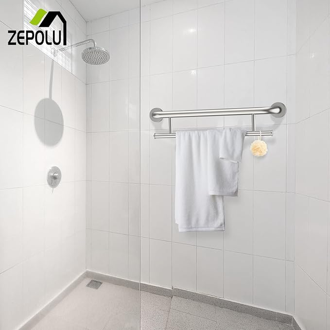 Brushed Nickel Towel Grab Bar 24 Inch - 1.25” Diameter, Zepolu Stainless Steel Safety Bar w/Towel Holder, Shower Assist Balanced Support Handle, Wall Mounted Bathroom Grab Rail for Senior Elderly