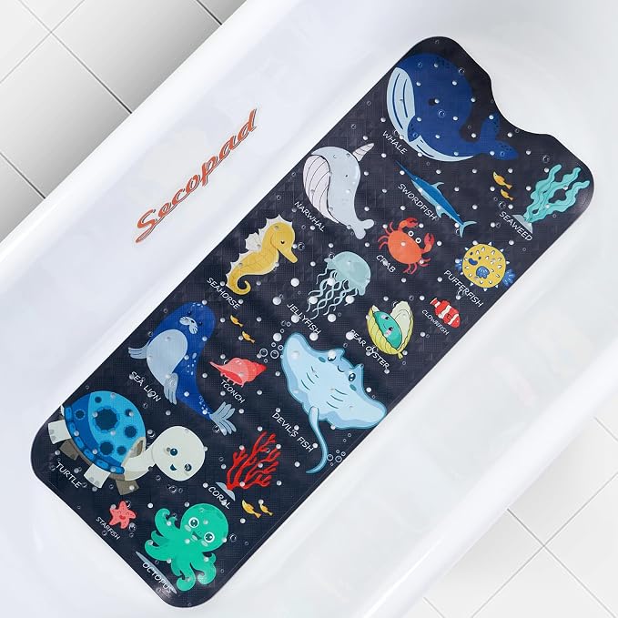 Secopad Bath Mat for Tub Non Slip, Machine Washable Anti-Slip Cartoon Baby Bathtub Shower Mat with Drain Holes and Suction Cups for Toddler & Kids, 40 Inch x 16 Inch, Navy Sea Animals