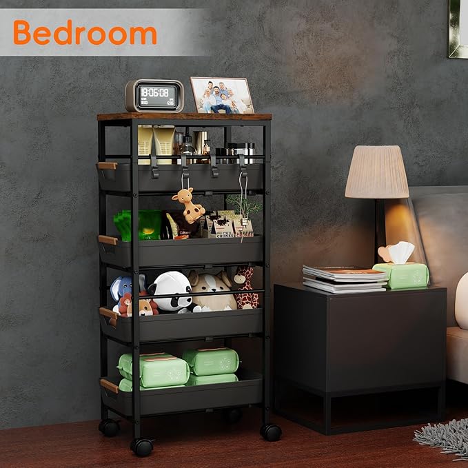 5-Tier Kitchen Storage Cart, Wood Top Rolling Cart Organizer with Pull-Out Baskets & Wheels, Metal Snack Cart with Holder for Fruit, Vegetable, Microwave, Kitchen, Pantry, Black