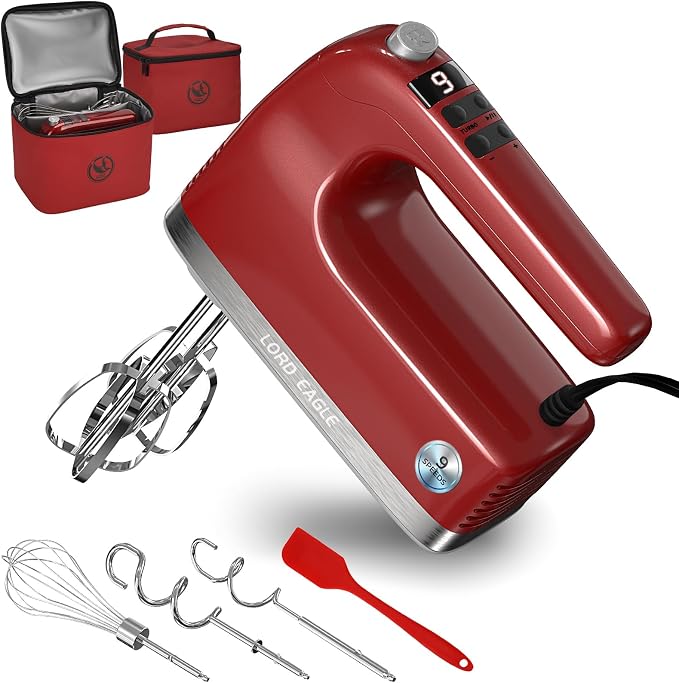 Lord Eagle 9-Speed Digital Hand Mixer Electric Handheld, 500W DC Motor Kitchen Mixer for Cake Baking, Lightweight Egg Beaters with Stain-resistant & Waterproof Storage Bag & 6 Accessories, Red