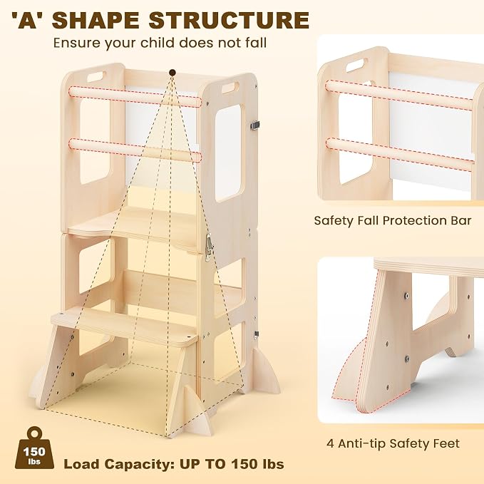 4-in-1 Toddler Kitchen Step Stool, Foldable Learning Standing Tower with Whiteboard, Wooden Kitchen Stool Helper for Kids, 1-3 Year Old Boy Girl Gifts