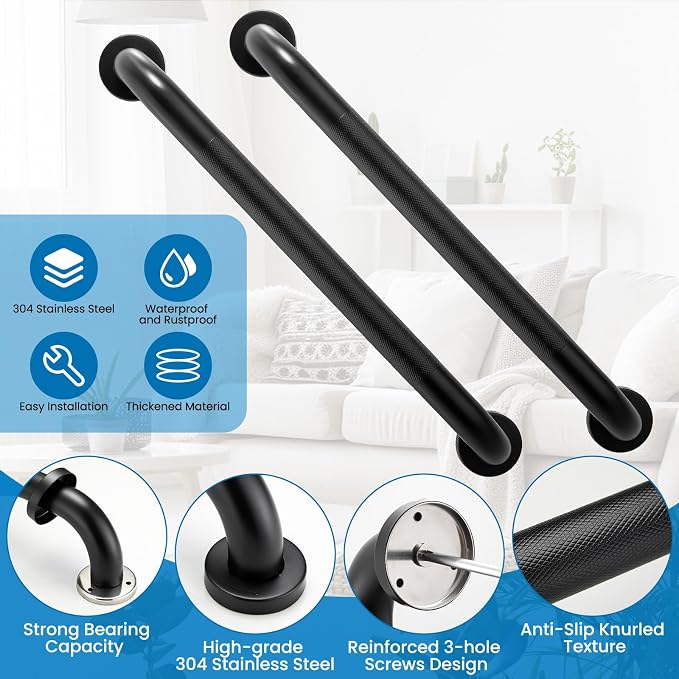 Grab Bars for Shower, Zynuhmo 2 Pack 20 Inch Anti Slip Bathroom Safety Grab Bar 1.25" Diameter Stainless Steel Shower Handrails for Handicap Injury Pregnant Senior Assist Shower Handles(Matte Black)