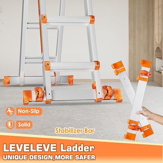 LEVELEVE 11FT Multi Position Ladder,A Frame 3 Step Ladder with Stabilizer Bar & Wheels,330 lbs Security Load Extension Ladder for Stairs Home Indoor Outdoor Roof