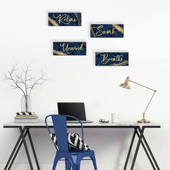 ONIZHITY 4 Pcs Blue and Gold Bathroom Decor Navy Blue Gold Wall Decor Relax Soak Unwind Breathe Wooden Rustic Marble Style Versatile Bathroom Accessories for Bedroom Living Room Decor(10X4)