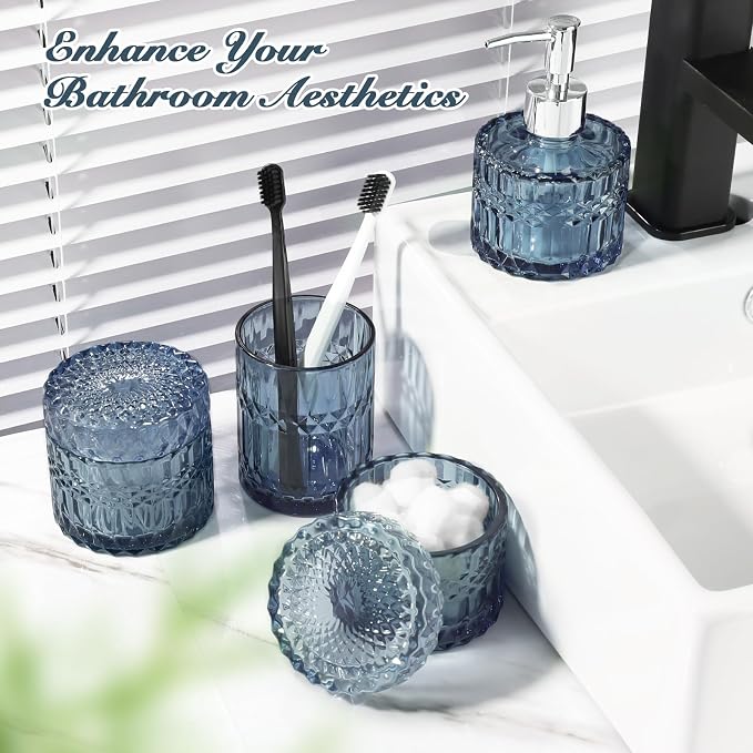 Blue Bathroom Accessories 4Pcs, Diamond Glass Bathroom Accessory Set, Bathroom Set with Soap Dispenser, Blue Bathroom Decor with Toothbrush Holder, Qtip Holder for Bathroom, Countertop