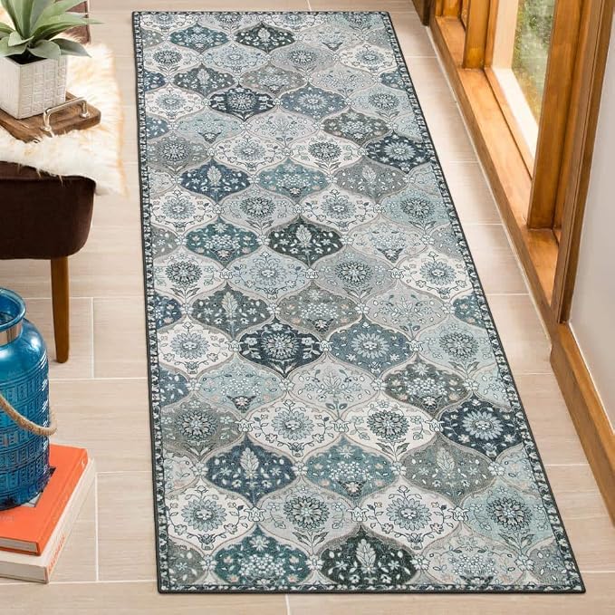 Lahome Moroccan Trellis Washable Runner Rug, 2x6 Runners for Hallways 6 Feet Non Slip Vintage Laundry Room Rug Vintage Ultra-Thin Long Carpet for Kitchen Bedroom Elise, Blue