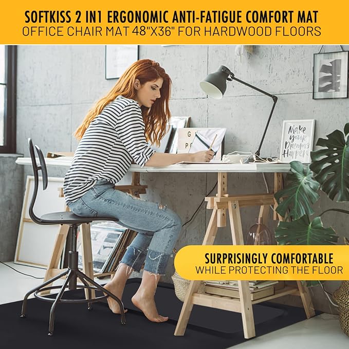 Anti-Fatigue Standing Office Chair Mat for Hardwood Floor with Cushioned Foam Foot Support, 48” x 36” Desk Chair mat, Scratch Resistant and Waterproof Anti-Slip Surface, Soft Ergonomic Cushion