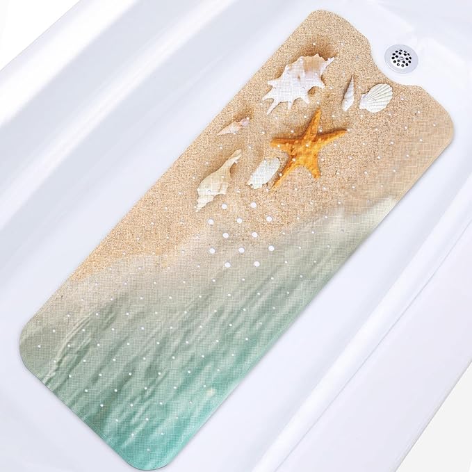 Starfish Summer Beach Bath Mat Non Slip, Sea Shell Ocean Fish 40 X 16 Inch Extra Long Bathtub Shower Mat for Tub Anti Slip with Suction Cups and Drain Holes for Kids Adults Elderly