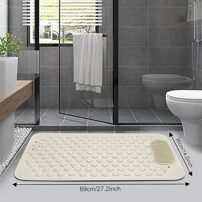 Bathtub Mat 27x14 inch Non Slip Shower Mat with Suction Cups, Anti Slip Shower Mat with Drain Holes Foot Scrubber, Machine Washable Bath Tub Shower StallMat (Khaki)