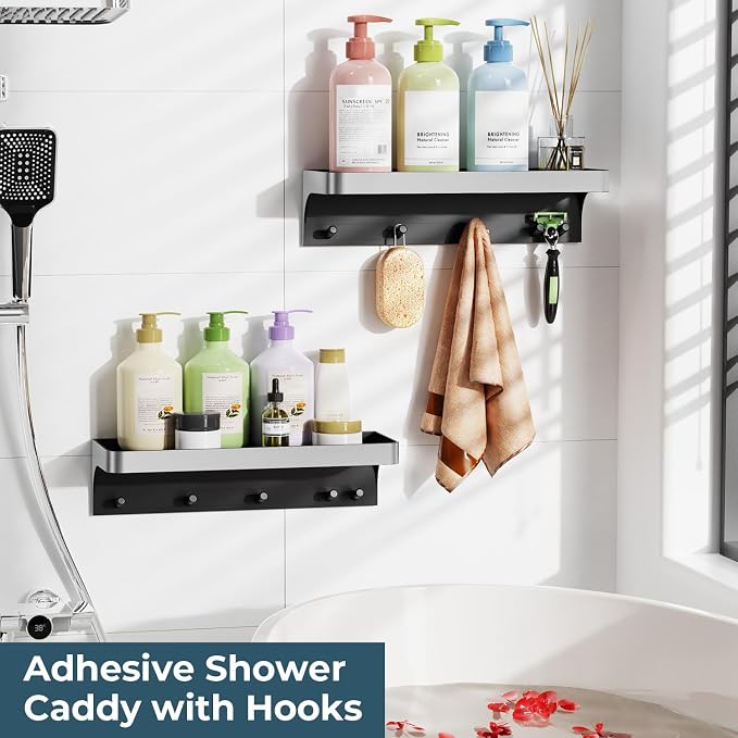 2 Pack Shower Caddy Adhesive, Shower Shelve for Inside Shower, Bathroom Organizers and Storage for Accessories Holder, Rustproof Bathroom Wall Shower Rack Organize with 5 Hooks, No-drill, Silver