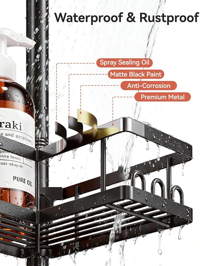 YASONIC Corner Shower Caddy Tension Pole, 25.7-109.1in Adjustable Shower Shelves, Rust-Resistant Shower Organizer, No-Drill 3-Step Installation, Bathroom Shelves for Renters & Family, Black