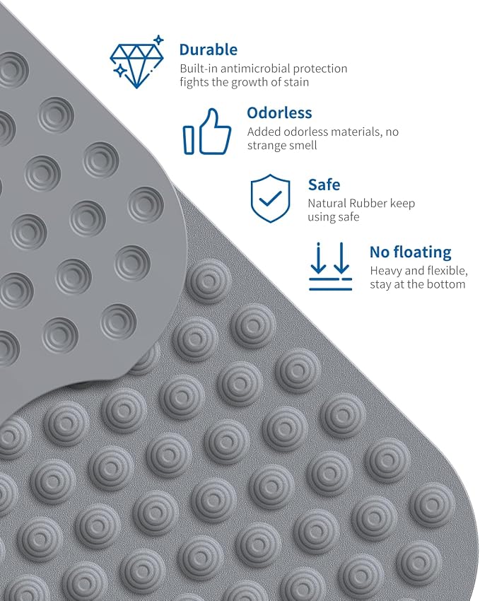 Bathtub Mat Non-Slip Without Suction Cups, 39x16inch Extra Long Bath Mats for Shower Bathroom, Machine Washable Natural Rubber Shower Tub Mat (39x16inch, Deep Grey)