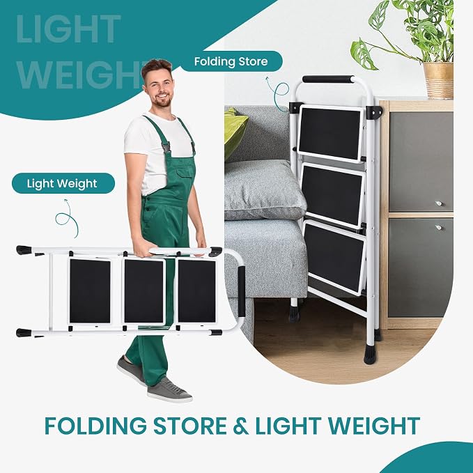 OLIXIS 3 Step Ladder, 330lbs Capacity Foldable Step Stool with Anti-Slip Pedal, Sturdy Steel Ladder & Comfortable Handrail, Protable Heavy Duty Step Stool for Kitchen, Garage, Outdoor Use - Black