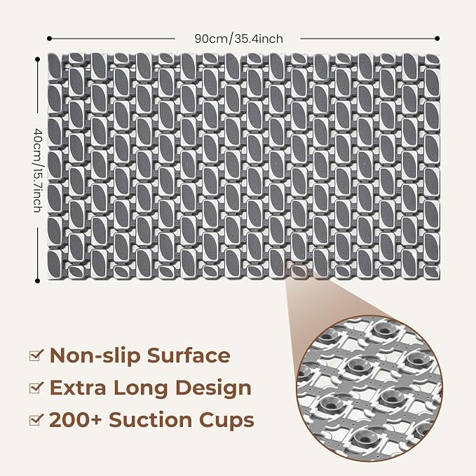 Bathtub Mat Non Slip for Bathroom with Suction Cups and Drain Holes 35.4 * 15.7 Grey Shower Mat for Inside Shower, Quick Dry Bath Mat for Kids Seniors Pregnants Adults, Easy to Cut, Easy Dry