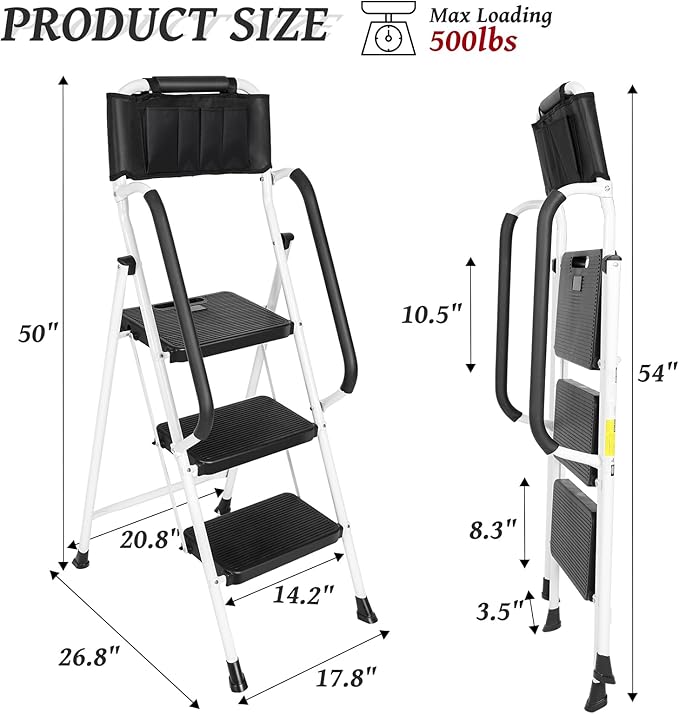 3 Step Ladder with Handrails & Attachable Tool Bag, 500 lbs Folding Step Stool Ladder, Wide Non-Slip Pedal for Kitchen Pantry Home Office, White