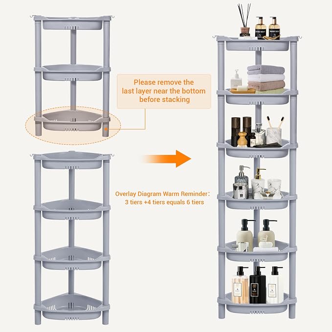 ELYKEN 3 Tier Shower Caddy Organizer Shelf Corner, 14.4 x 11.2 x 22.4 Inches, Rustproof, Plastic Shower Rack Stands for Inside Bathroom, Bathtub, Shower pan, Grey