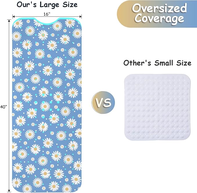 Bathtub Mat Non Slip, Daisy Extra Long Bath tub Mat Shower Floor Mat with Suction Cups and Drain Holes for Adults Kids Elderly 40 X 16 Inch