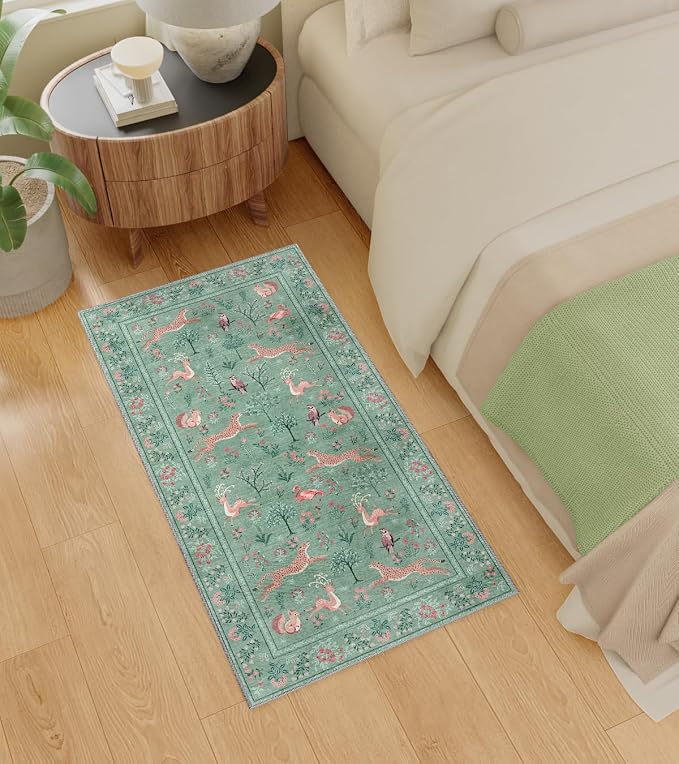 DUKINO 2x4 Rug for Hallway, Washable Kitchen Runner Rug with Non Slip Backing, Soft Low Pile Vintage Animal Runner for Bedroom, Kitchen, Hallway, Entryway, Laundry, Teal