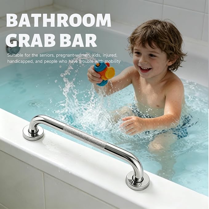 16 Inch Shower Grab Bar 1.25" Dia, 2 Pack Chrome Anti Slip Bathroom Grab Bar, 304 Stainless Steel Knurled Handicap Grab Bars, Safety Support Handrail,Bath Shower Handle for Elderly Injury Senior