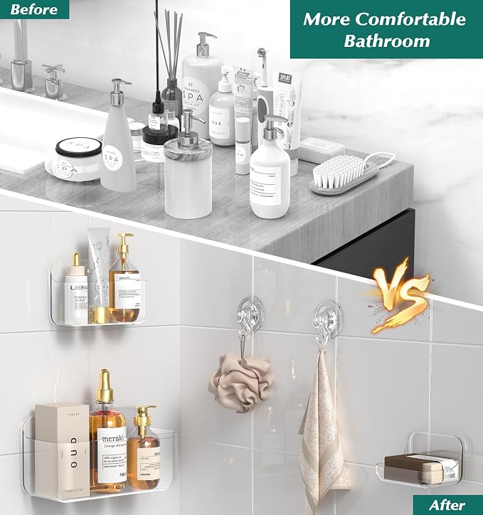 Shower Shelves 5 Pack Clear Acrylic Bathroom Organizer Caddy | Large Capacity, Adhesive Shower Caddy with Soap Holder and Hooks, Waterproof and Rustproof, Multiple Drainage Holes