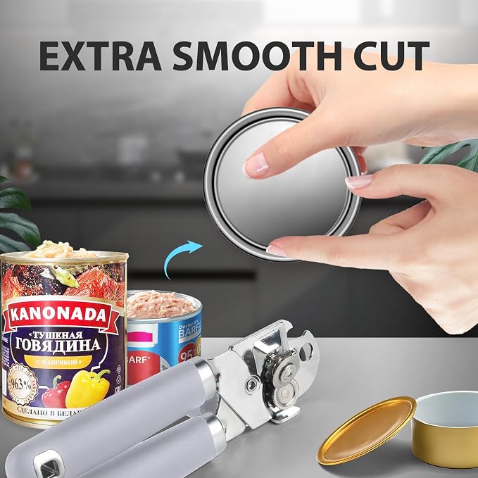 Safring Can Opener Manual, Heavy Duty Handheld Strong Can Opener with Soft Touch Handle, Sharp Blade Smooth Edge, Can Openers with Multifunctional Bottle Opener, Lavender