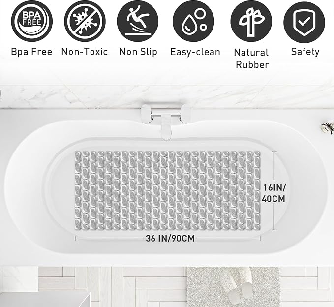XIYUNTE Shower Mat Non Slip Bathtub Mat - 36 x 16Inches Soft Rubber Bath Mat for Tub Non Slip Bath Mat with Suction Cups and Drain Holes, Easy to Clean, Easy to Cut, Eco-Friendly, Grey